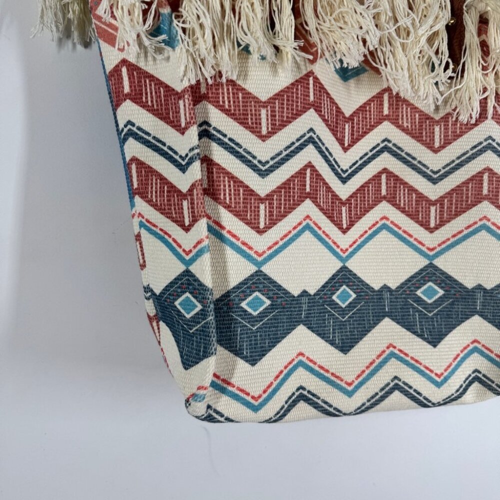 Boho Aztec Fringe Tote Bag Tribal Canvas Beach Shopper Southwest Style Summer - Picture 6 of 14